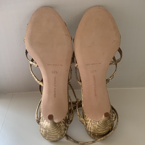 Manolo Blahnik Gold Embossed Python Leather High Heel Ankle Strap Sandals 40 1/2 - Picture 10 of 13